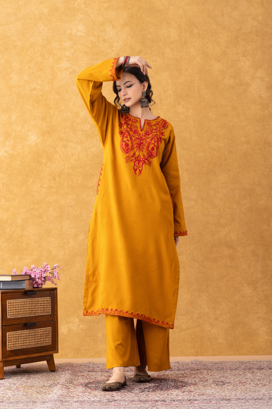 Noor Mustard with Red Embroidered Phiran Set