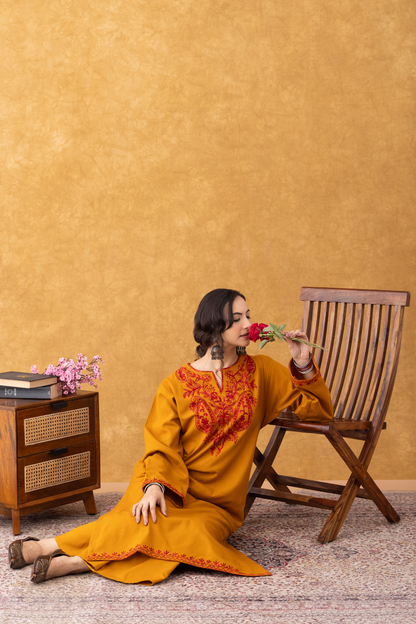 mustard colour pheran, mustard pheran, mustard colour embroidery, mustard yellow embroidered fabric, mustard with red suit set, mustard with red suit set party wear, women mustard with red suit set, mustard with red suit set ladies, mustard with red suit set online, winter suits, winter suits for women, kashmiri winter suits for ladies, kashmiri winter suits for ladies with price, winter suits unstitched, winter woolen suits for ladies with price, unstitched winter suits for ladies