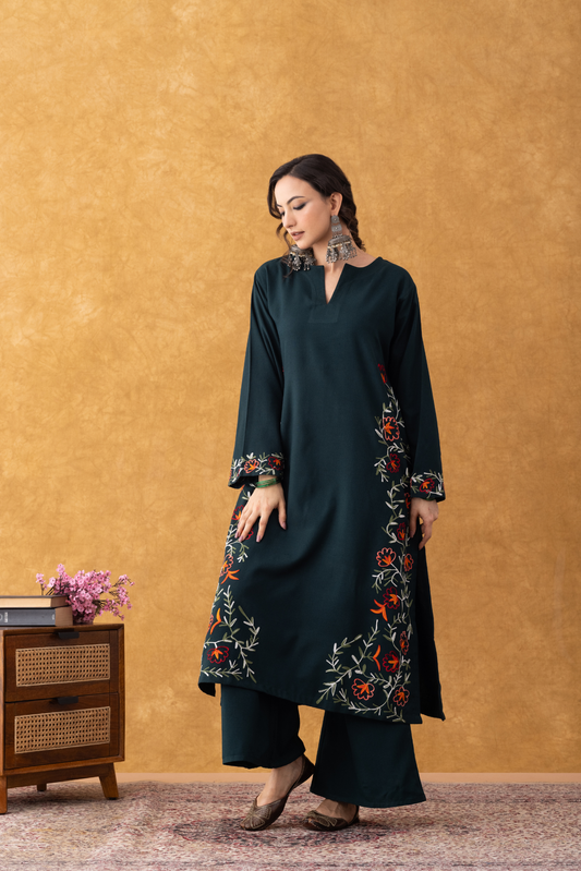 Noor Bottle Green Embroidered Hem Phiran Set