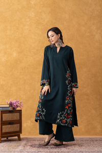 Noor Bottle Green Embroidered Hem Phiran Set