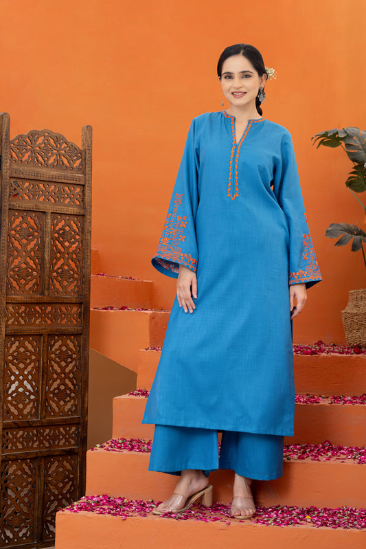 Jugni Classic Teal Embroidered Phiran Set