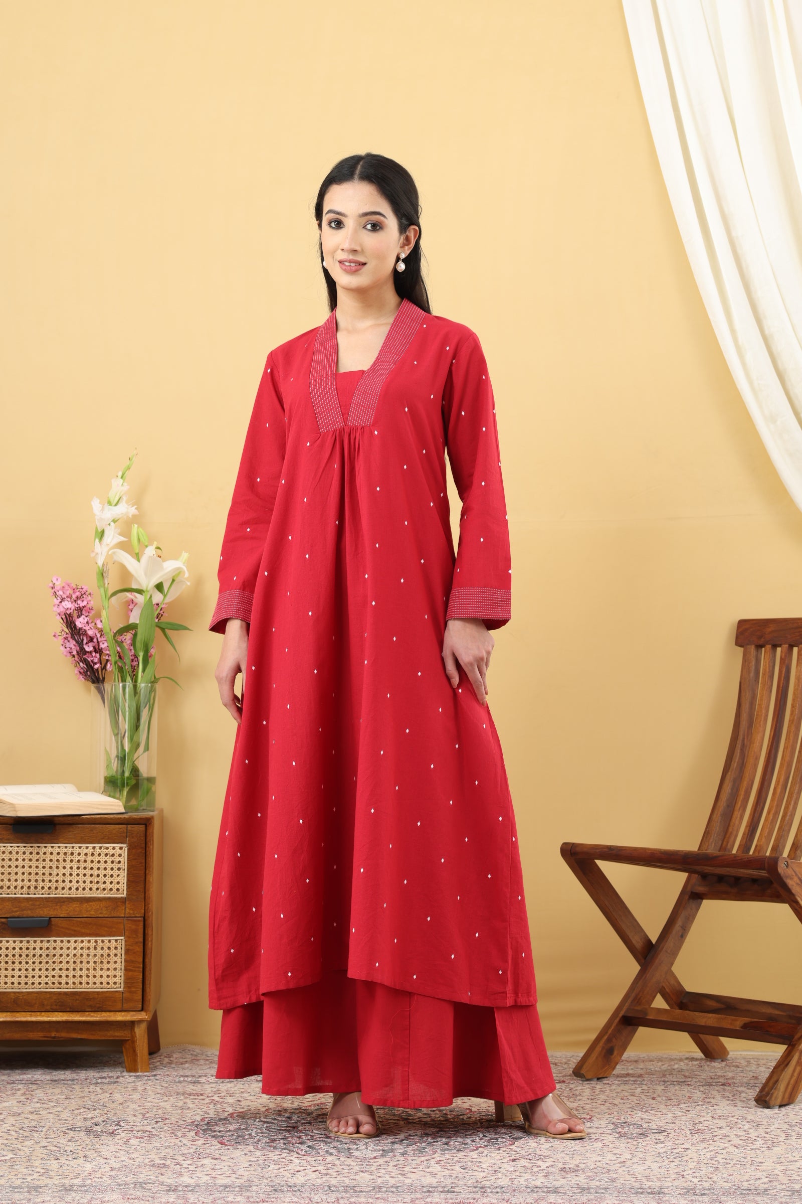 Red Jamdani A-Line Suit Set for Women – Handwoven Cotton Ethnic Wear