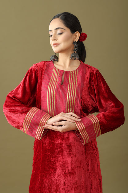 Red velvet kurta set, Red velvet kurta, Red and black kurta, Red and black velvet kurta set, Velvet kurta black, Red and green velvet gotta kurta set, Red and golden kurti, Velvet palazzo set, Velvet kurta set with dupatta, Wine colour velvet kurta set, Winter velvet kurta set, Velvet suit for wedding, Gold detailing kurta, Velvet kurta set for festive occasions, Velvet kurta set winter Red velvet kurta set, Red velvet kurta, Red and black kurta, Red and black velvet kurta set, Velvet kurta black