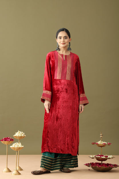 Red velvet kurta set, Red velvet kurta, Red colour velvet suit, Red colour kurta set with dupatta, Red and Green Kurta, Velvet green kurta, Red and green velvet gotta kurta set, Red and golden kurti, Red velvet gown dress, Red colour kurta set, Velvet kurta set green, Velvet kurta set with dupatta, Winter velvet kurta set, Velvet palazzo set, Gota detailed palazzo, Velvet suit for wedding, Gold detailing kurta