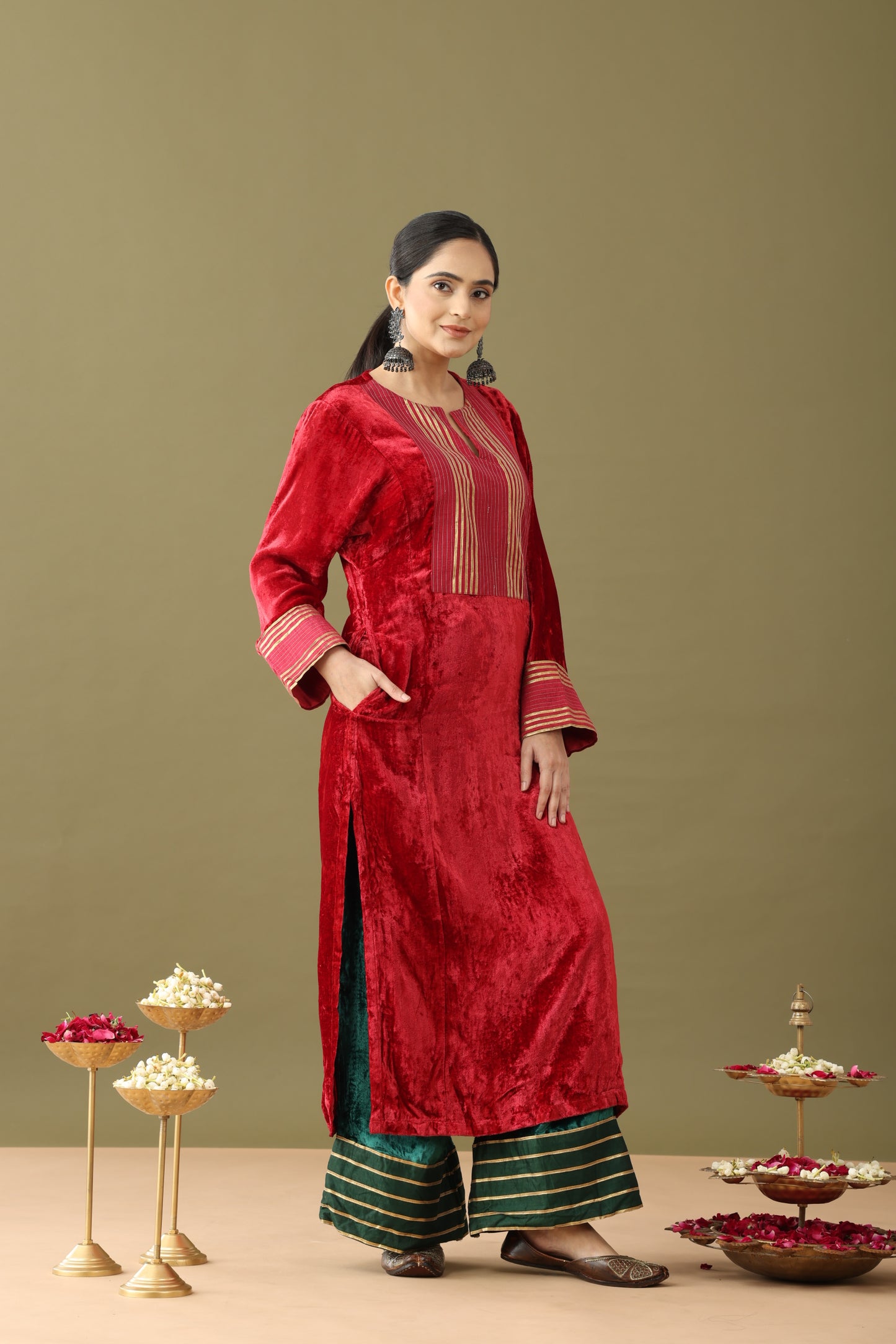 Red velvet kurta set, Red velvet kurta, Red colour velvet suit, Red colour kurta set with dupatta, Red and Green Kurta, Velvet green kurta, Red and green velvet gotta kurta set, Red and golden kurti, Red velvet gown dress, Red colour kurta set, Velvet kurta set green, Velvet kurta set with dupatta, Winter velvet kurta set, Velvet palazzo set, Gota detailed palazzo, Velvet suit for wedding, Gold detailing kurta