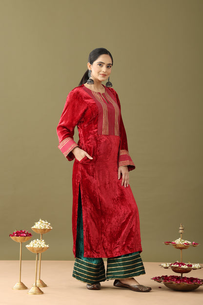 Red velvet kurta set, Red velvet kurta, Red colour velvet suit, Red colour kurta set with dupatta, Red and Green Kurta, Velvet green kurta, Red and green velvet gotta kurta set, Red and golden kurti, Red velvet gown dress, Red colour kurta set, Velvet kurta set green, Velvet kurta set with dupatta, Winter velvet kurta set, Velvet palazzo set, Gota detailed palazzo, Velvet suit for wedding, Gold detailing kurta