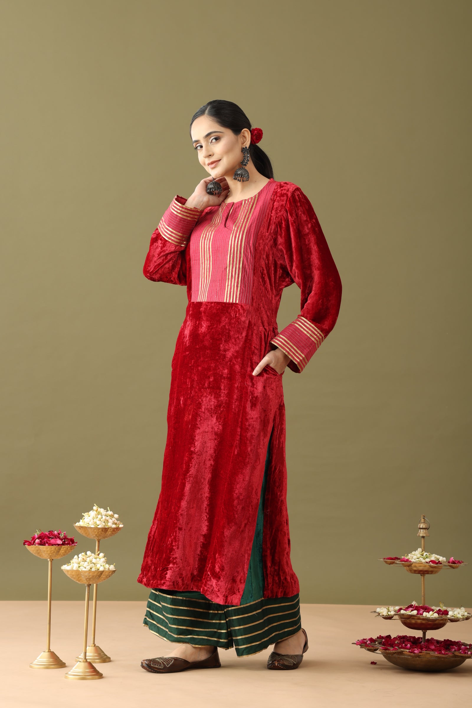 Red velvet kurta set, Red velvet kurta, Red colour velvet suit, Red colour kurta set with dupatta, Red and Green Kurta, Velvet green kurta, Red and green velvet gotta kurta set, Red and golden kurti, Red velvet gown dress, Red colour kurta set, Velvet kurta set green, Velvet kurta set with dupatta, Winter velvet kurta set, Velvet palazzo set, Gota detailed palazzo, Velvet suit for wedding, Gold detailing kurta