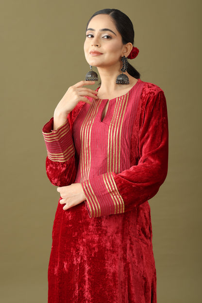 Red velvet kurta set, Red velvet kurta, Red colour velvet suit, Red colour kurta set with dupatta, Red and Green Kurta, Velvet green kurta, Red and green velvet gotta kurta set, Red and golden kurti, Red velvet gown dress, Red colour kurta set, Velvet kurta set green, Velvet kurta set with dupatta, Winter velvet kurta set, Velvet palazzo set, Gota detailed palazzo, Velvet suit for wedding, Gold detailing kurta