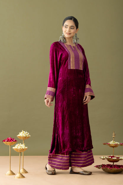 Utsaah Grape Wine Velvet Gotta Kurta Set
