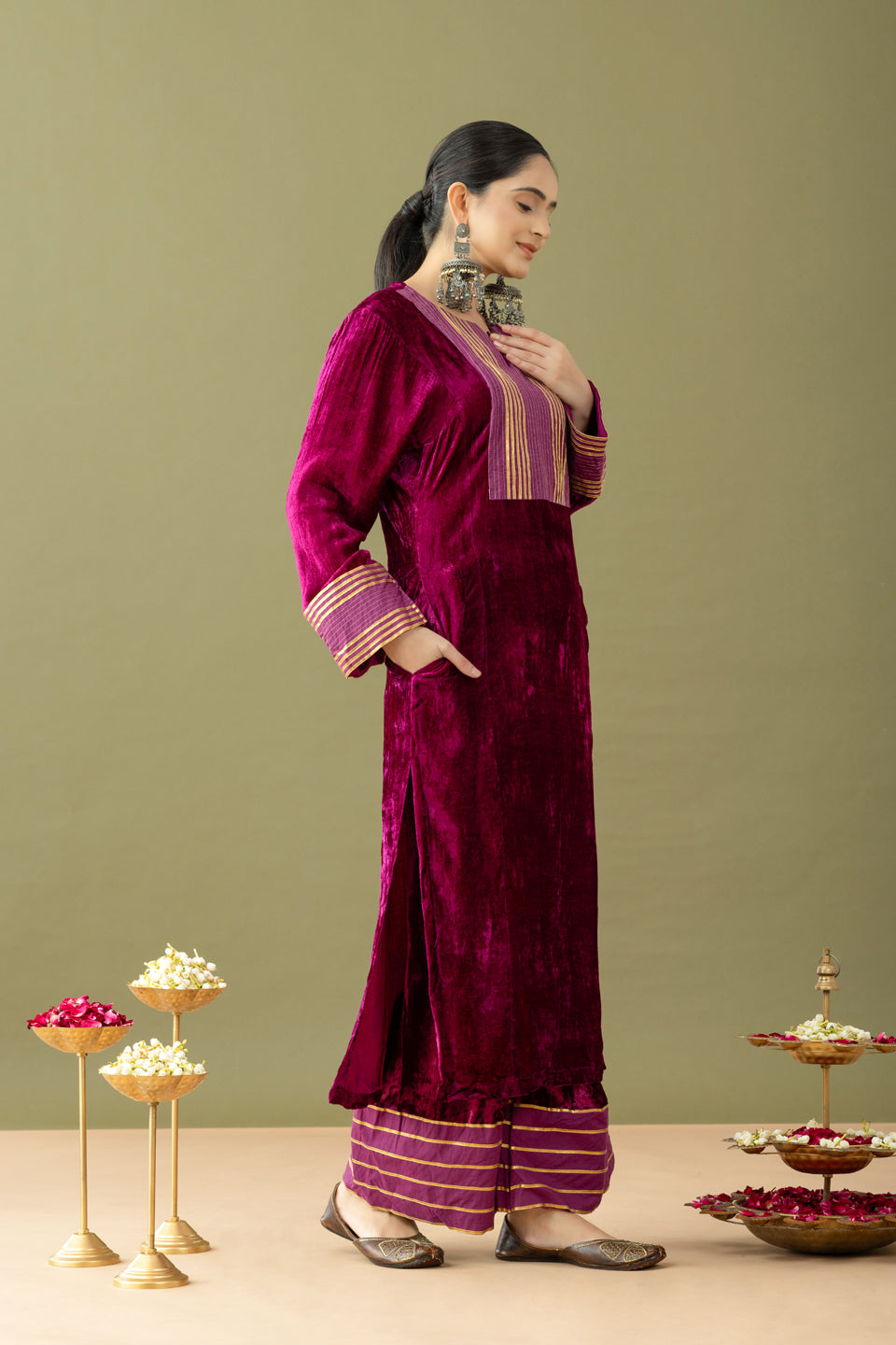 Utsaah Grape Wine Velvet Gotta Kurta Set