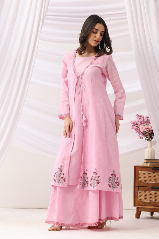 Mridu Soft Pink Kota Kurta With Skirt Set