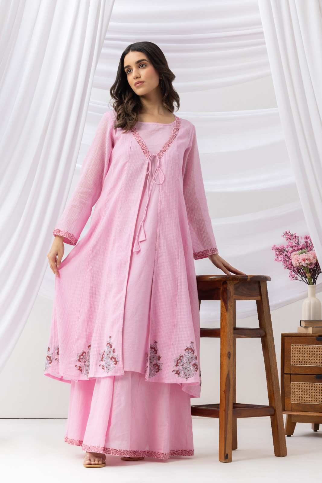 Mridu Soft Pink Kota Kurta With Skirt Set