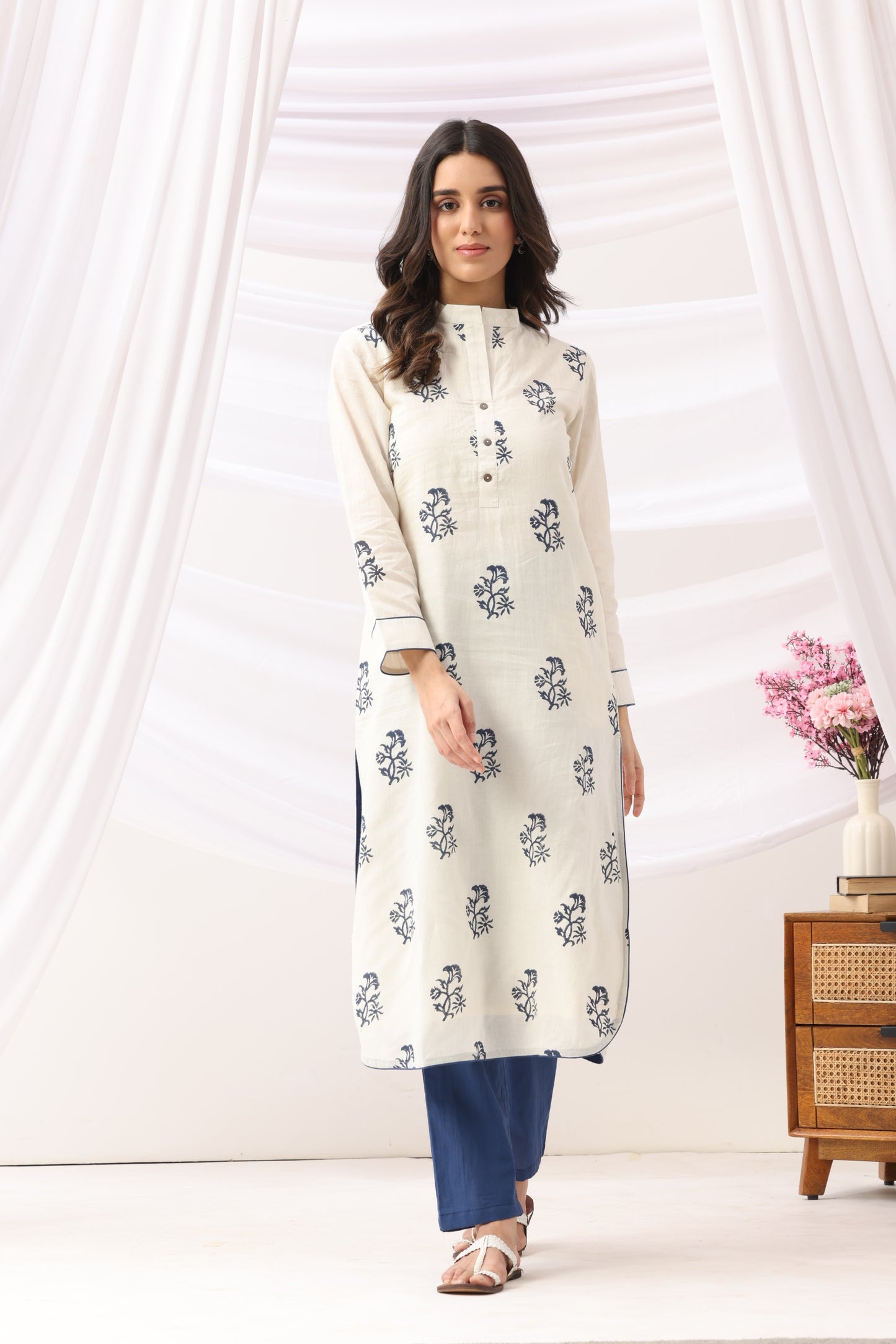 Mridu Off-White and Indigo Block Kurta Set