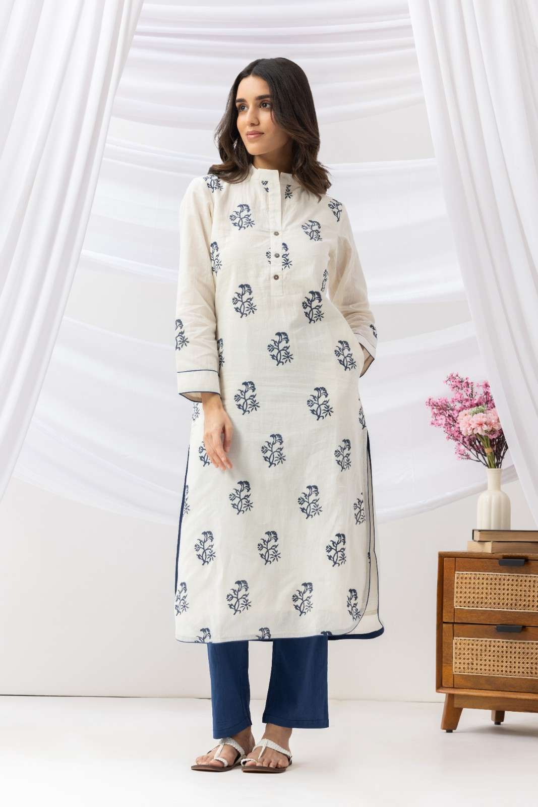 Mridu Off-White and Indigo Block Kurta Set