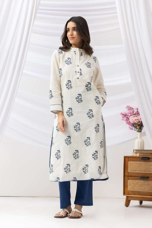 Mridu Off-White and Indigo Block Kurta Set