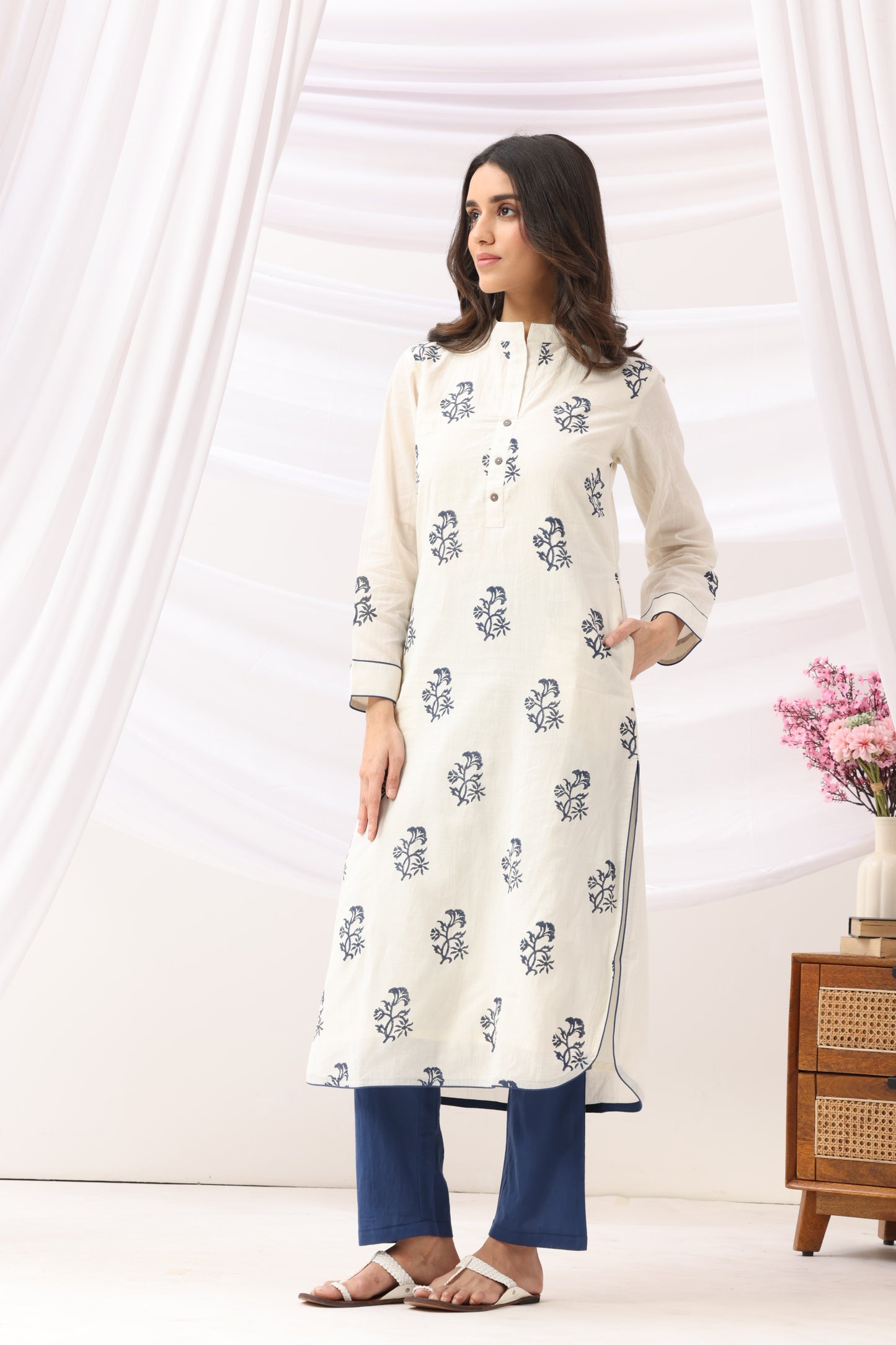 Mridu Off-White and Indigo Block Kurta Set