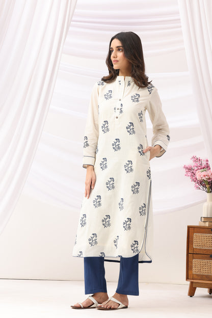 Mridu Off-White and Indigo Block Kurta Set
