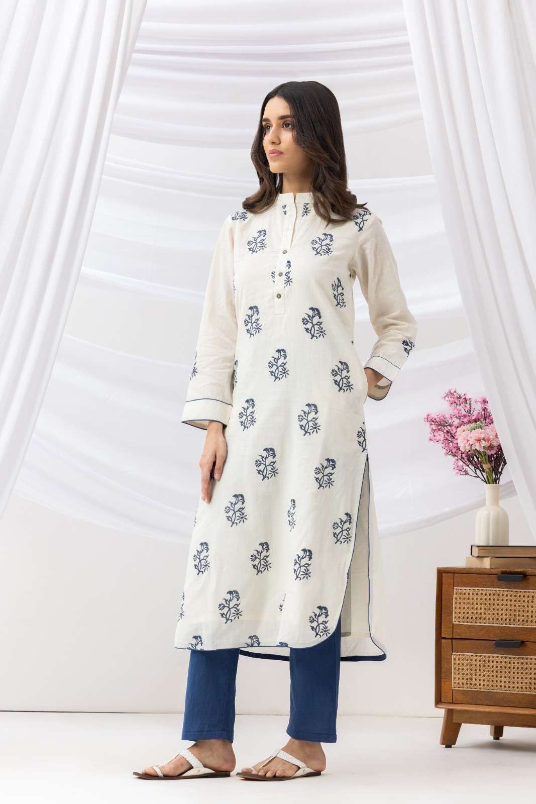 Mridu Off-White and Indigo Block Kurta Set