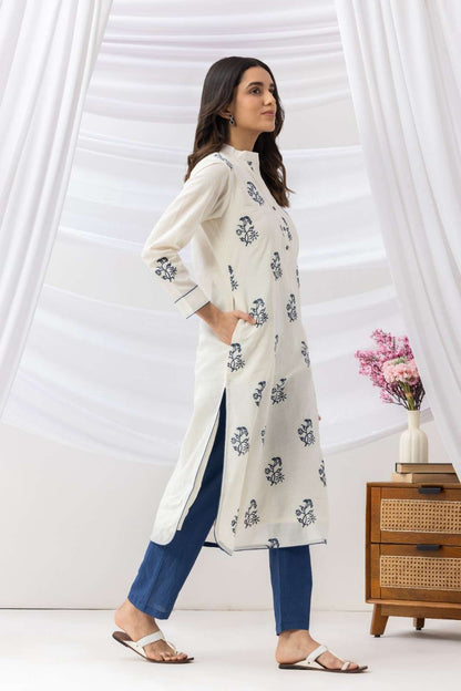 Mridu Off-White and Indigo Block Kurta Set