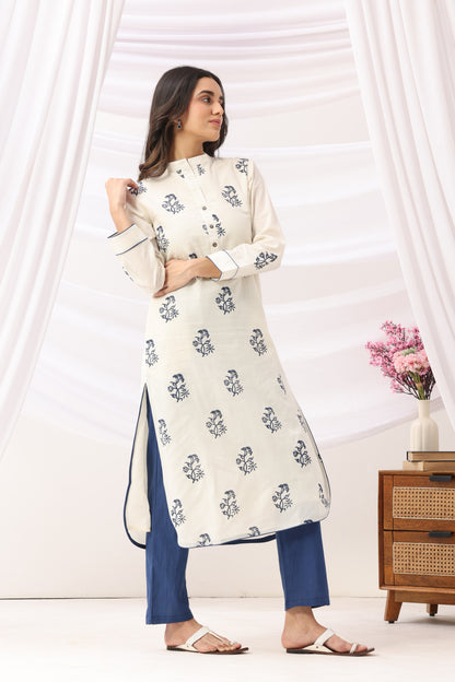 Mridu Off-White and Indigo Block Kurta Set