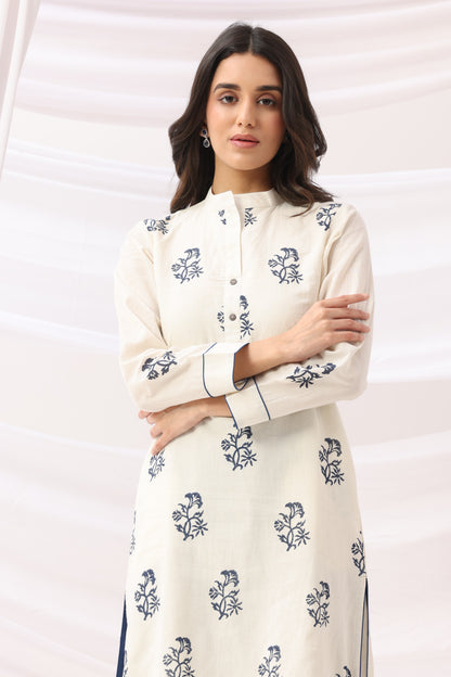 Mridu Off-White and Indigo Block Kurta Set