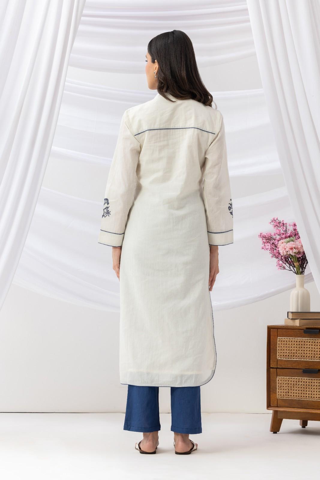 Mridu Off-White and Indigo Block Kurta Set