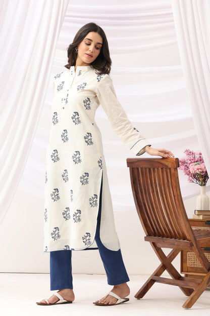 Mridu Off-White and Indigo Block Kurta Set