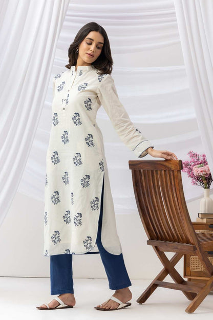 Mridu Off-White and Indigo Block Kurta Set