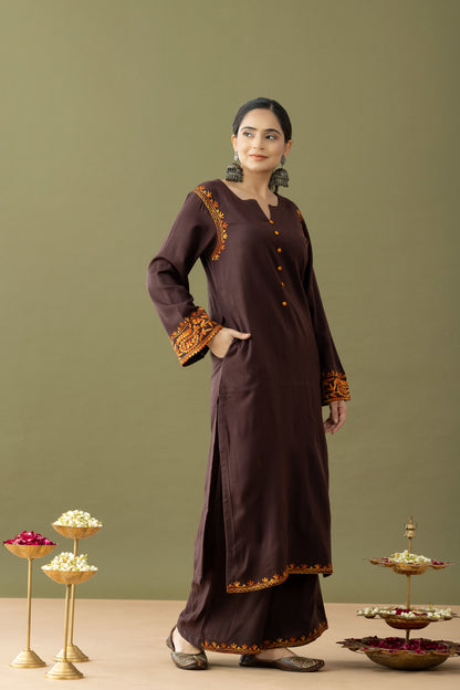 Utsaah Umber Mustard Aari Embroidery Kurta Set
