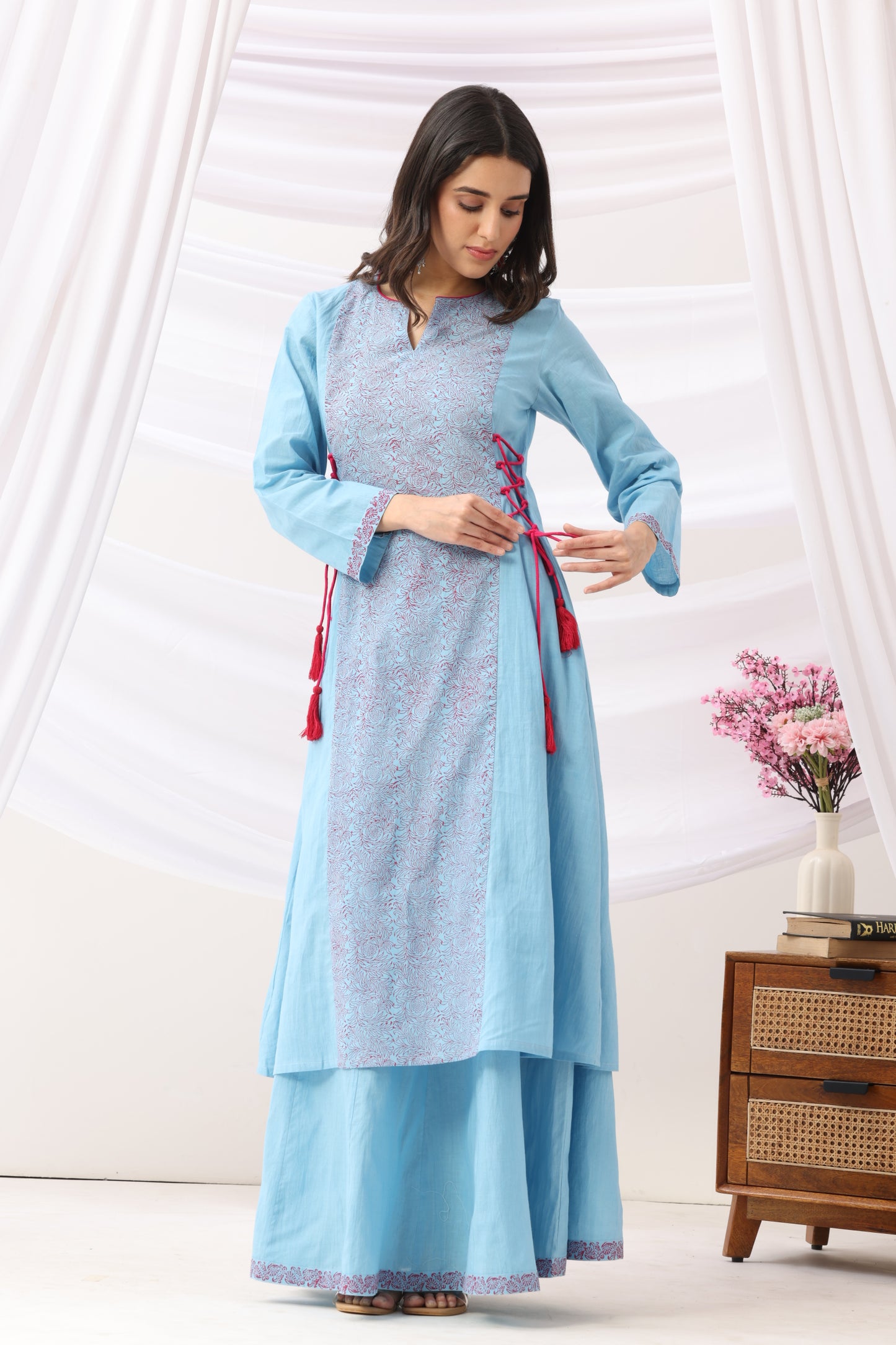 Mridu Blue Side Dori Kurta With Skirt Set