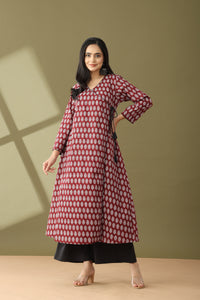 Utsaah Brunt Maroon And Black Angrakha Kurta Set