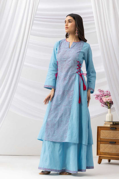 Mridu Blue Side Dori Kurta With Skirt Set