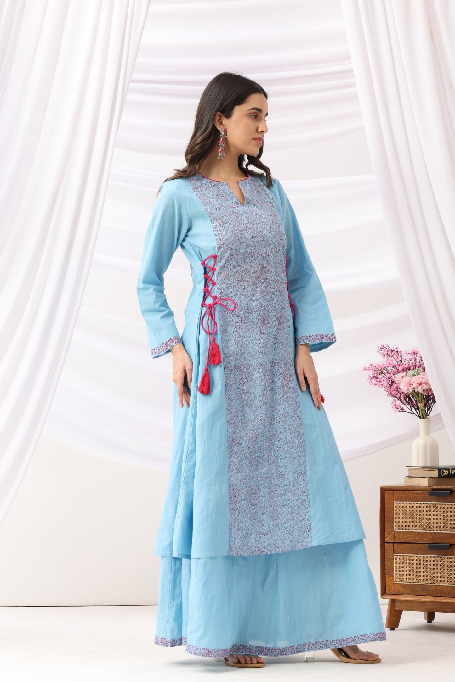 Mridu Blue Side Dori Kurta With Skirt Set