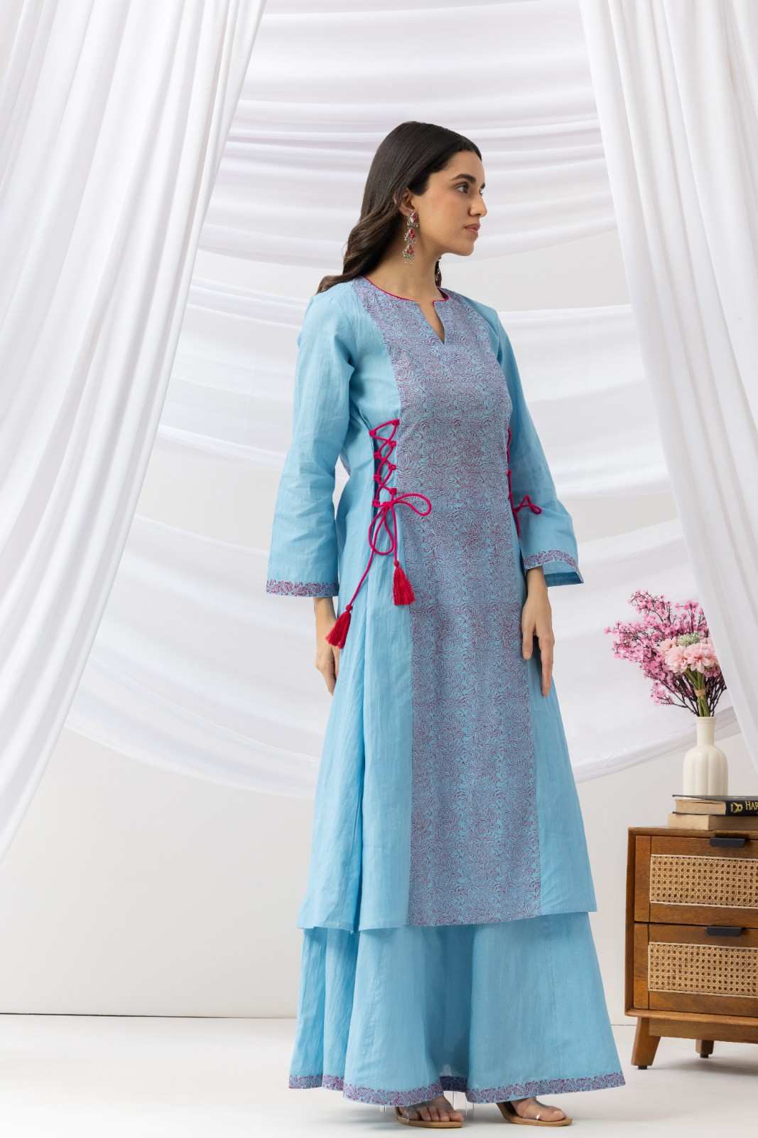 Mridu Blue Side Dori Kurta With Skirt Set
