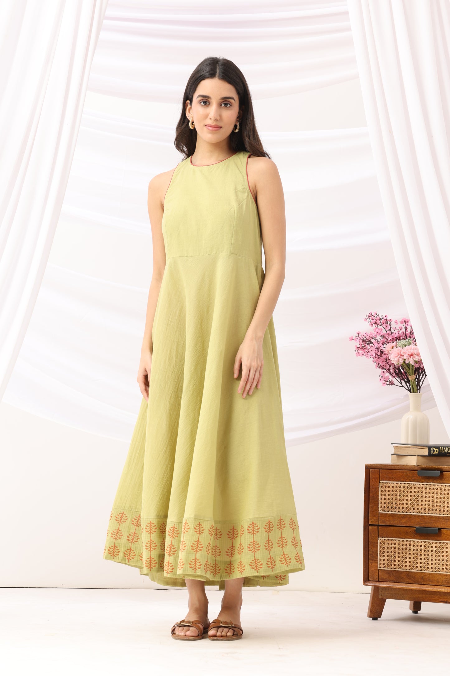 Mridu Meadow Green Kota Border Dress