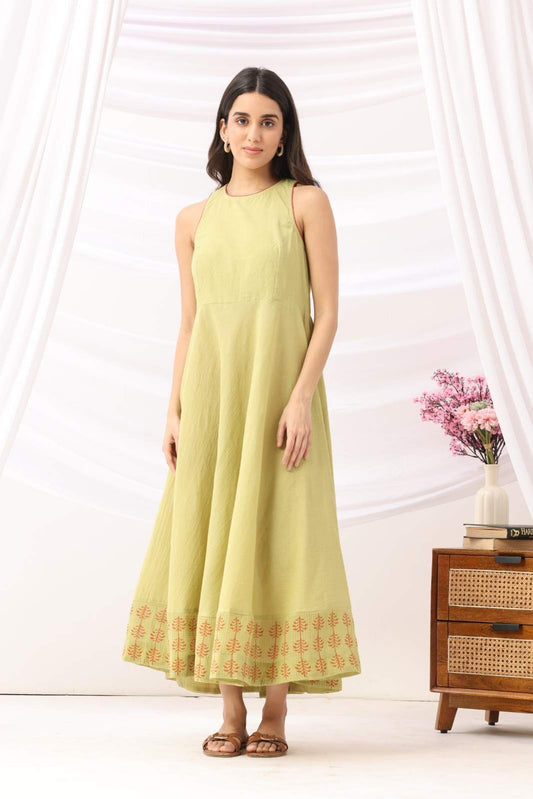 Mridu Meadow Green Kota Border Dress