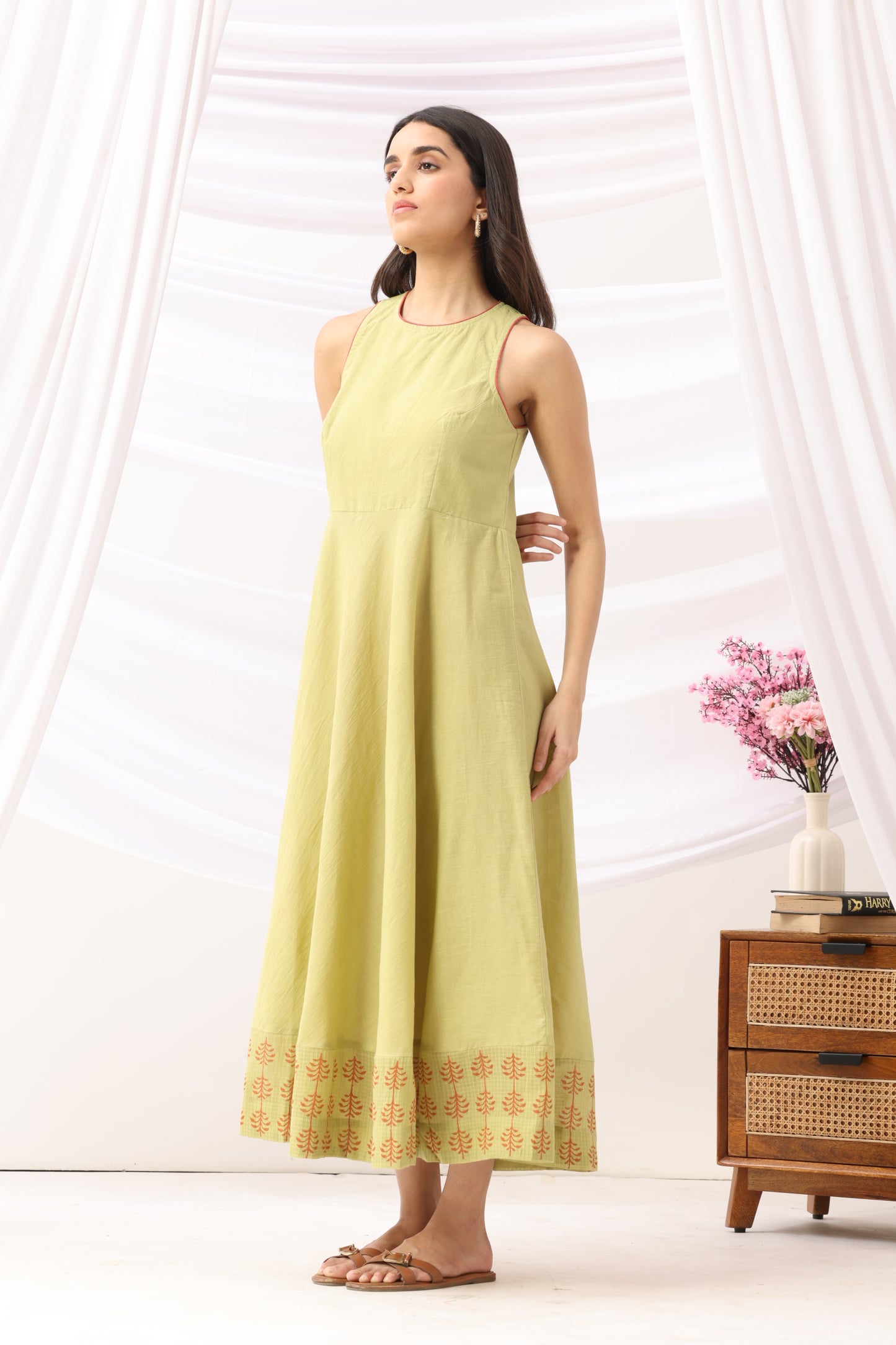 Mridu Meadow Green Kota Border Dress
