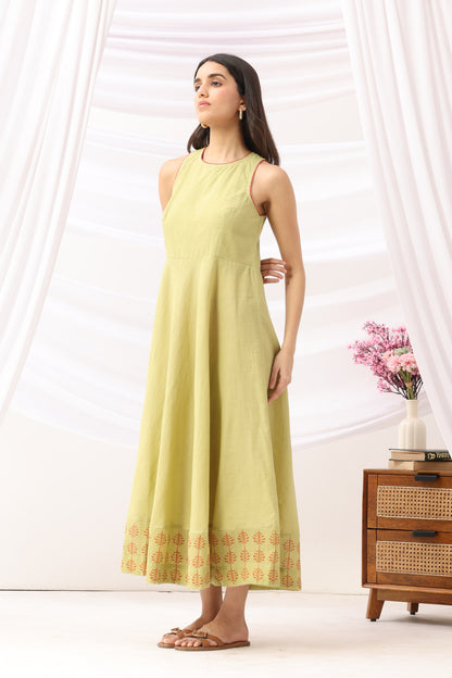 Mridu Meadow Green Kota Border Dress