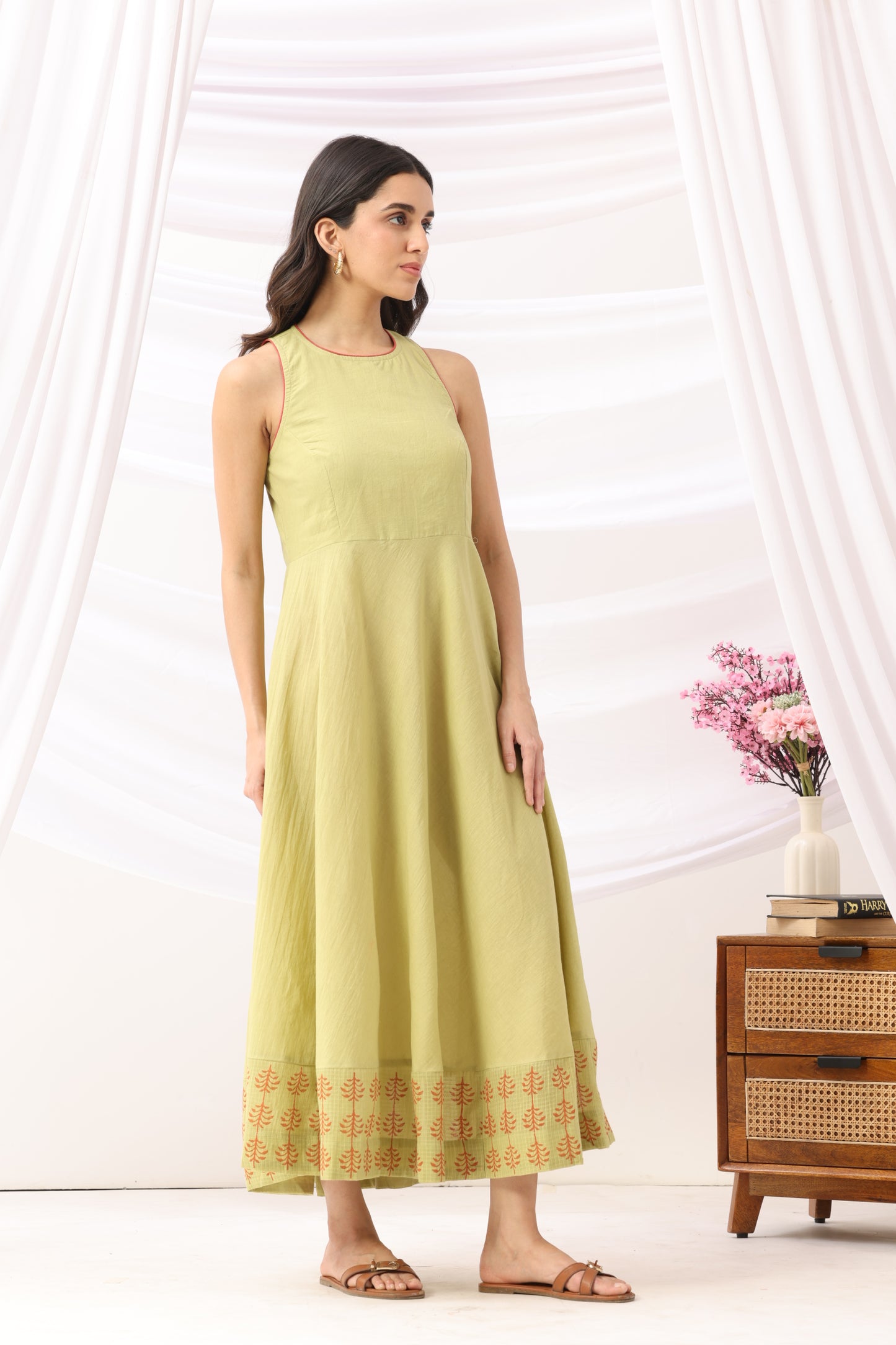 Mridu Meadow Green Kota Border Dress