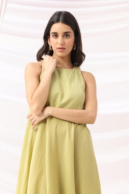 Mridu Meadow Green Kota Border Dress