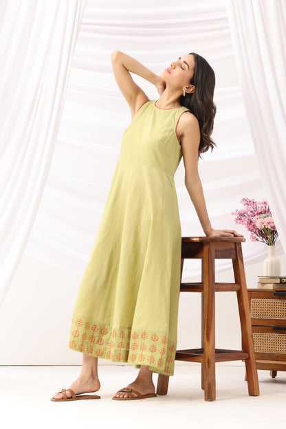Mridu Meadow Green Kota Border Dress