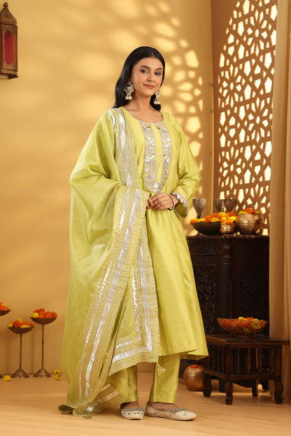 Jashn Lime Green Cotton Silk Embroidered Suit Set