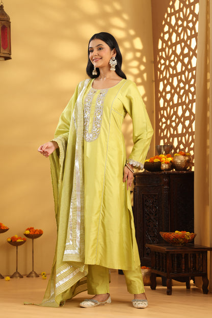 Jashn Lime Green Cotton Silk Embroidered Suit Set