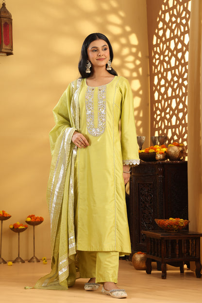 Jashn Lime Green Cotton Silk Embroidered Suit Set