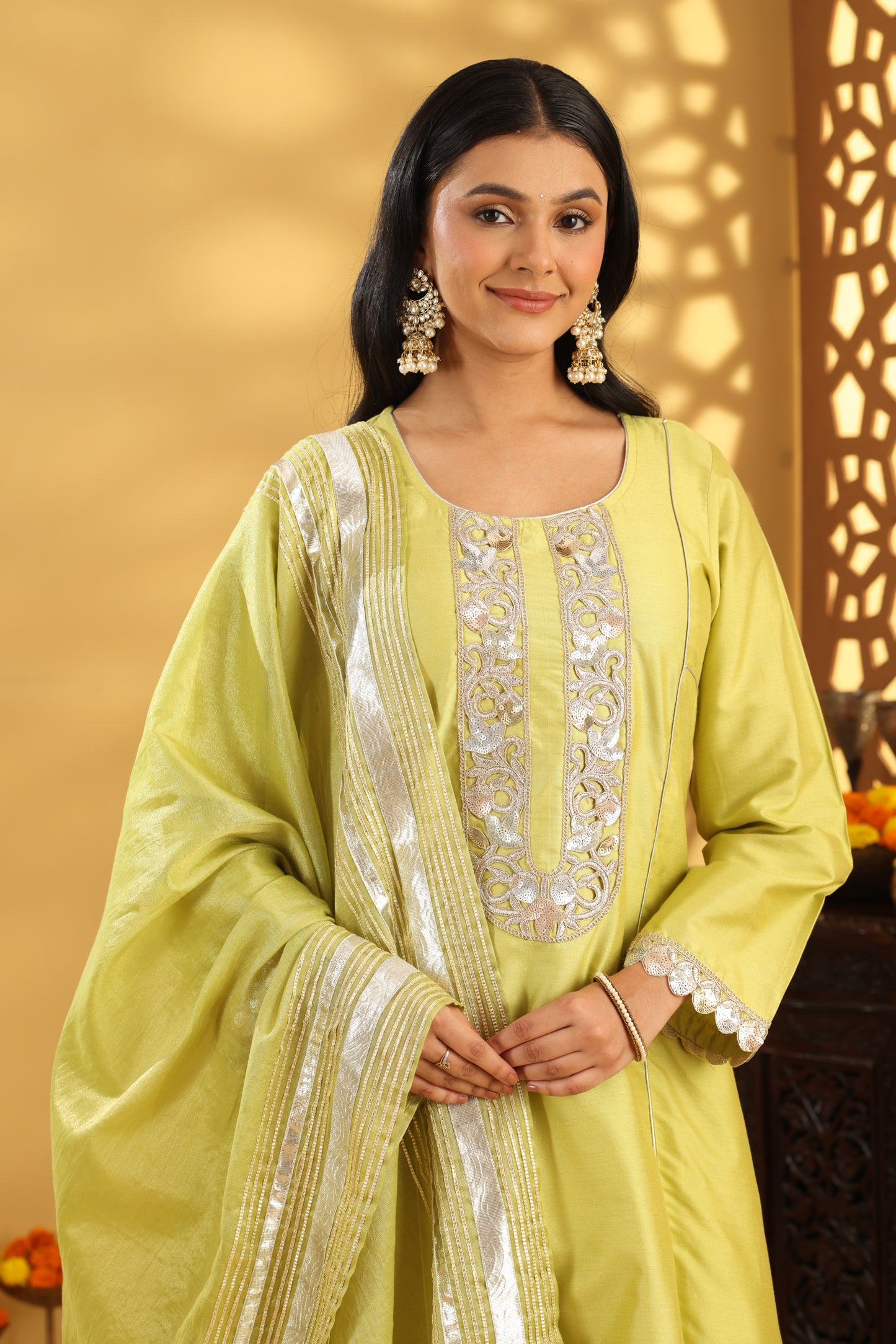 Jashn Lime Green Cotton Silk Embroidered Suit Set