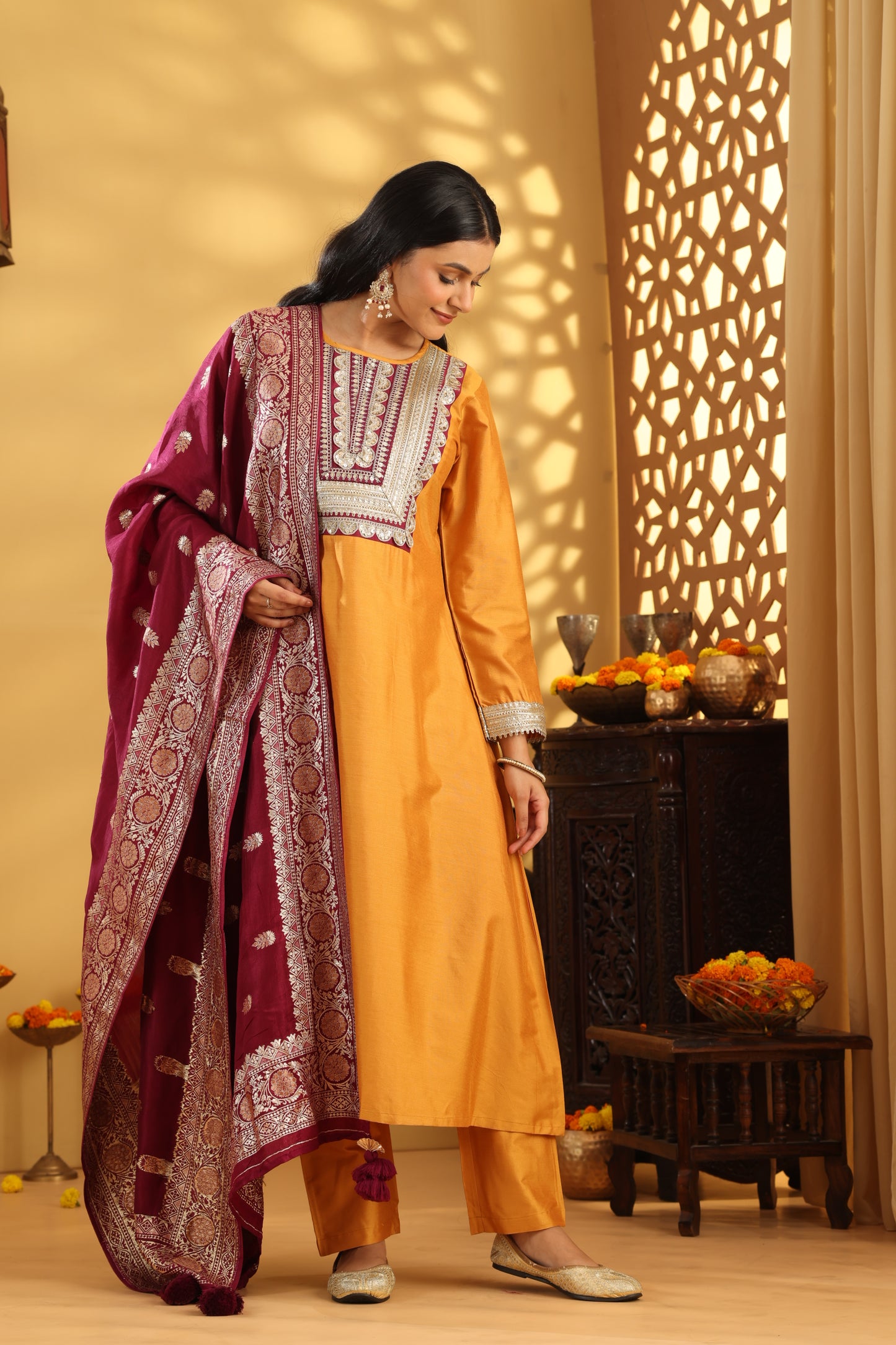 Jashn Golden Yellow Wine neck Patch Suit Set