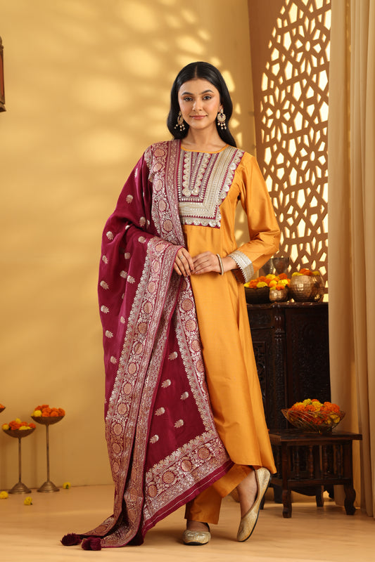 Jashn Golden Yellow Wine neck Patch Suit Set