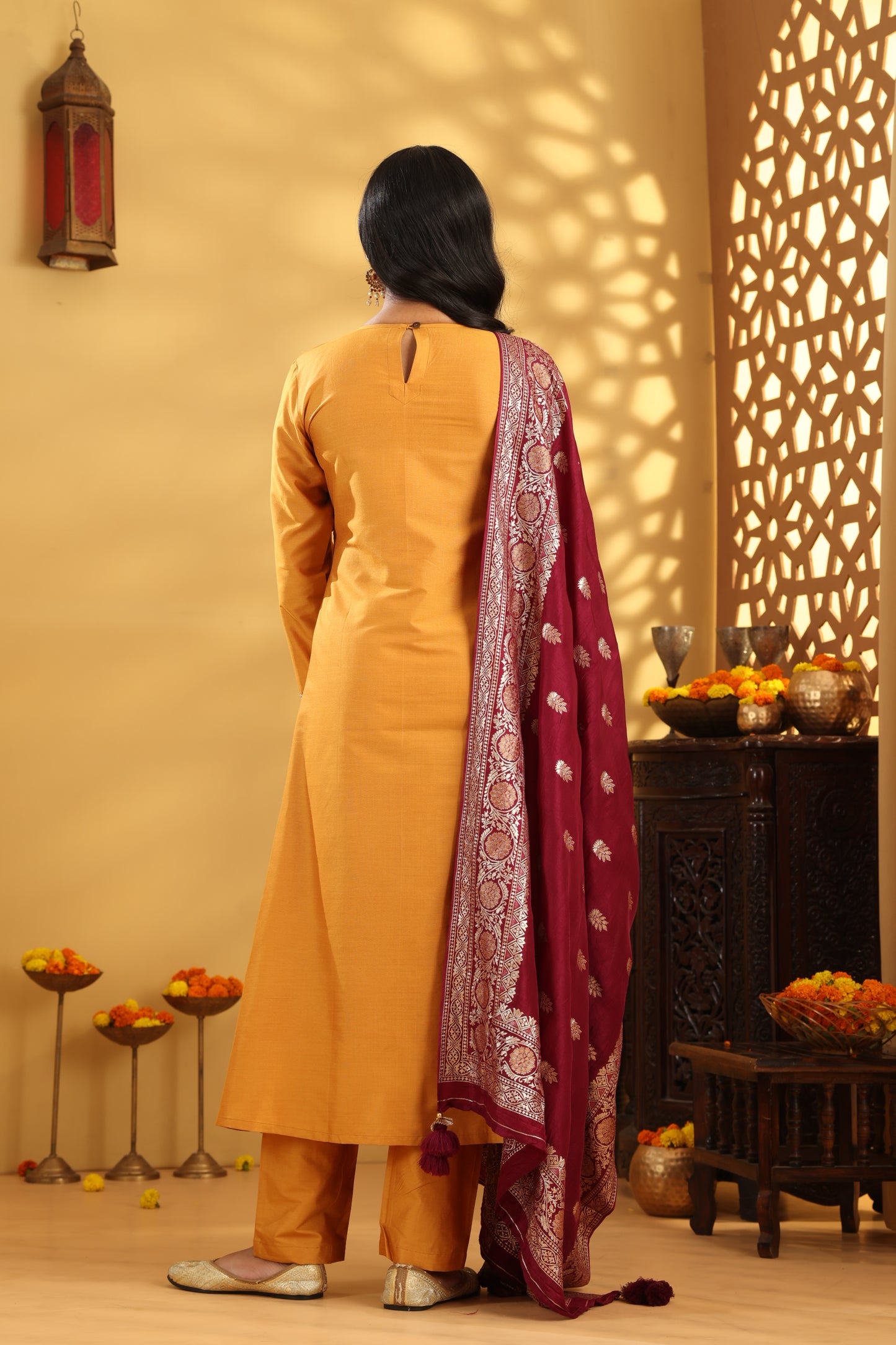 Jashn Golden Yellow Wine neck Patch Suit Set