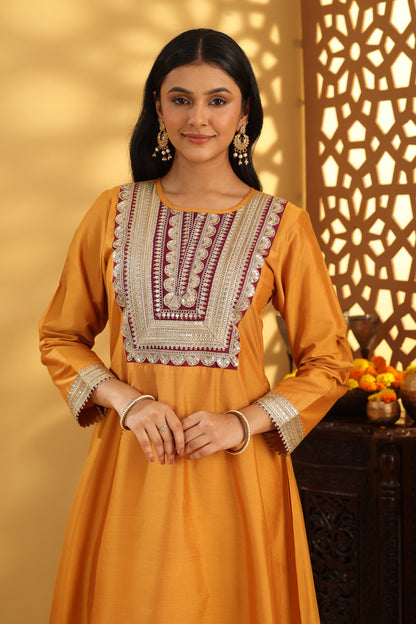 Jashn Golden Yellow Wine neck Patch Suit Set