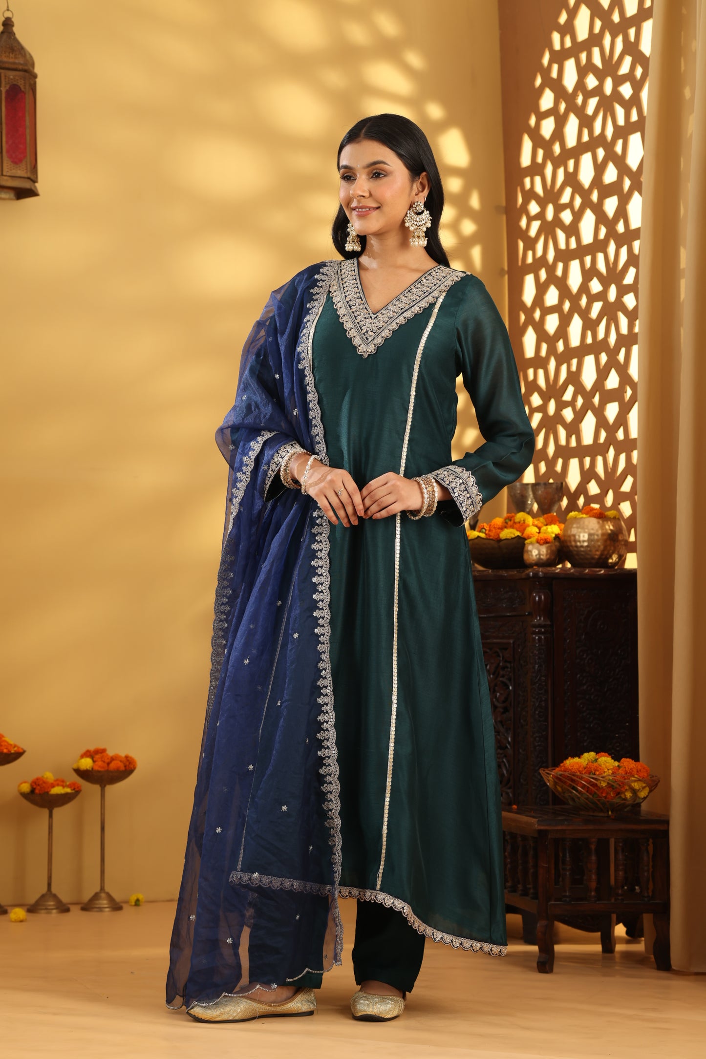 Jashn Green Chanderi V Neck Suit Set